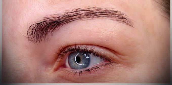 Eyebrow before permanent makeup: dark natural hairs with gaps through the tail.